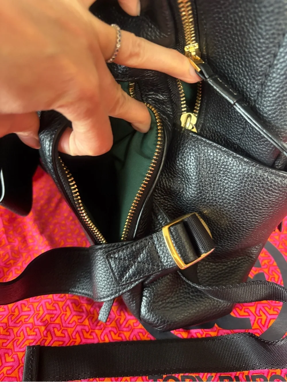Tory Burch Perry Bombé Black Leather Backpack with Gold Hardware